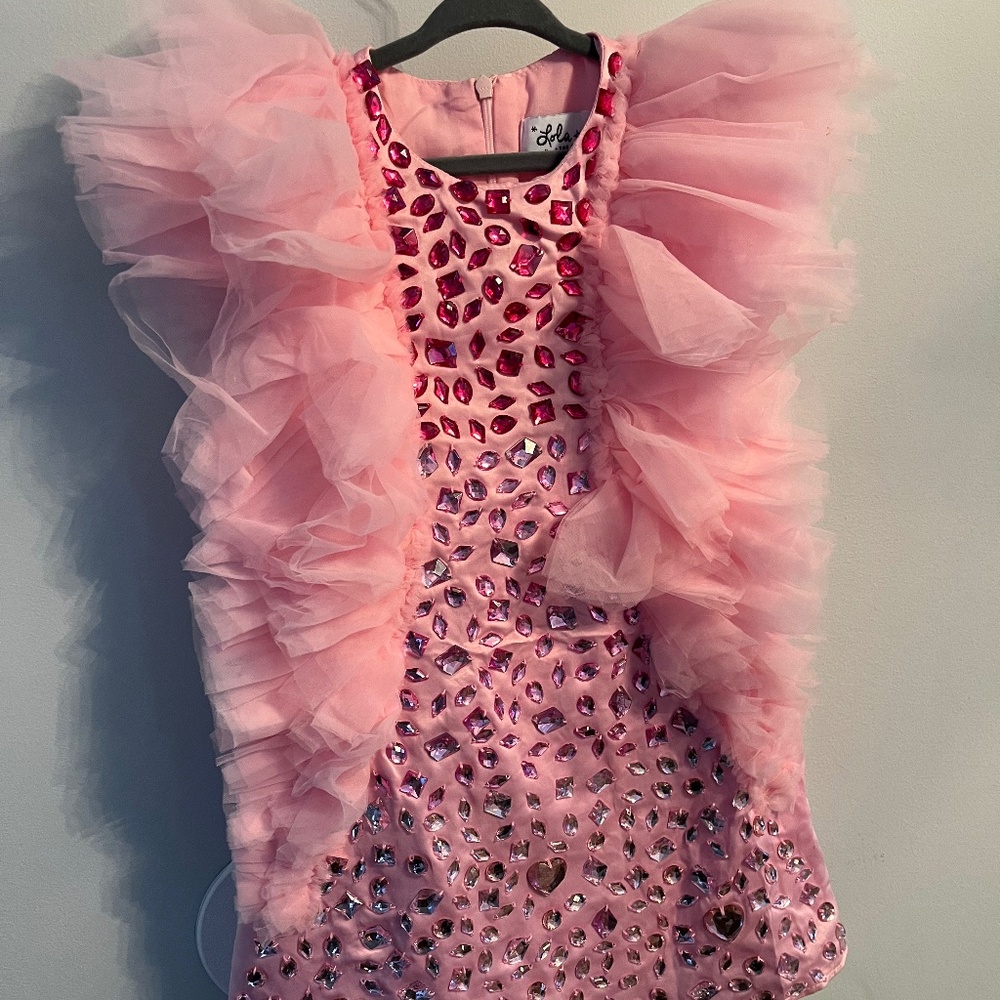 Satin lined dress with rhinestone and tulle